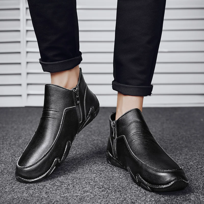 New Arrival High-top Add Velvet Keep Warm Men Anti Slip Hand Made Real Cow Genuine Leather Winter Snow Boots