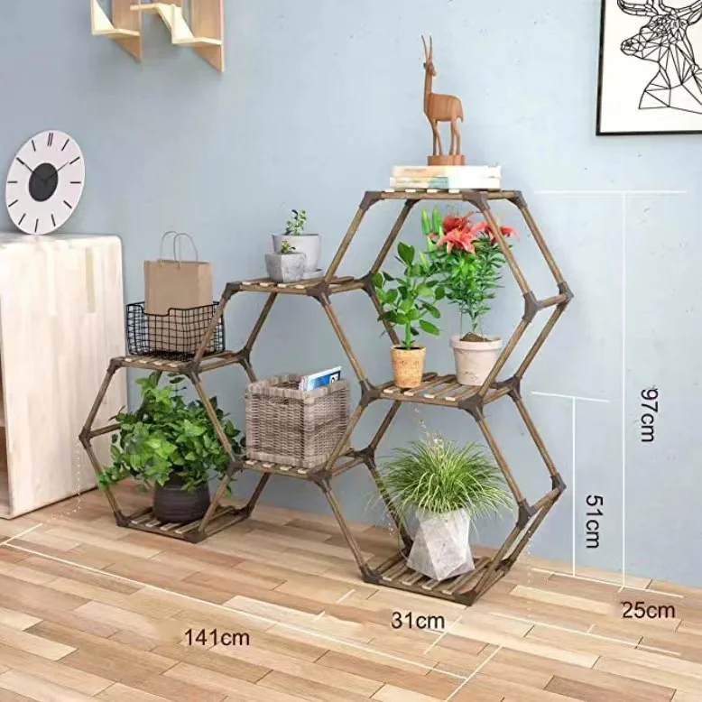 Hexagon Plant Shelf - 9-Grid Wooden Flower Rack for Indoor & Outdoor Plants, Succulents & Herb Garden, Natural Home Decor