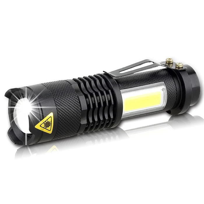AA or 14500 Battery Powered Pocket Clip Mini Zoomable LED Flashlight with COB Flood Camping Light