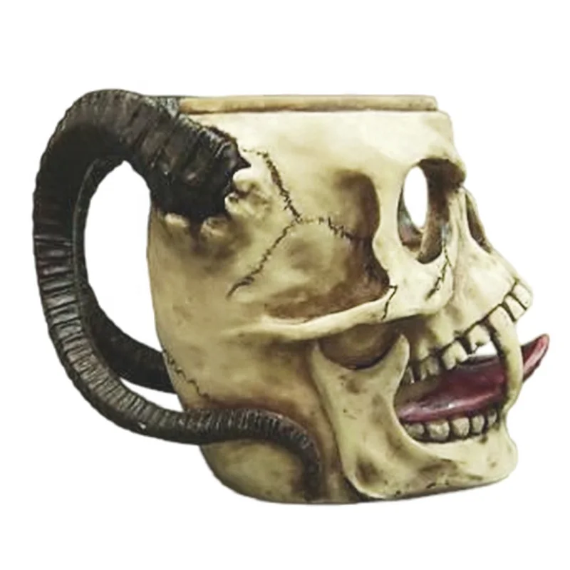 Custom Handmade Removable Polyresin with Stainless Steel Unique 3D Horn Demon Skull Drinking Cup Tankard Double Wall Beer Mug