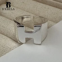 ICEBELA Wholesale Classic Fine Jewelry S925 Sterling Silver Rings Trendy Chunky Letter H Pattern Prime Finger Rings For Women