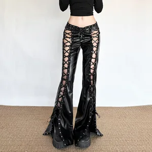 Viviblook Z1230PT01 Women Casual Pants Sexy Laced Pu Leather Pants