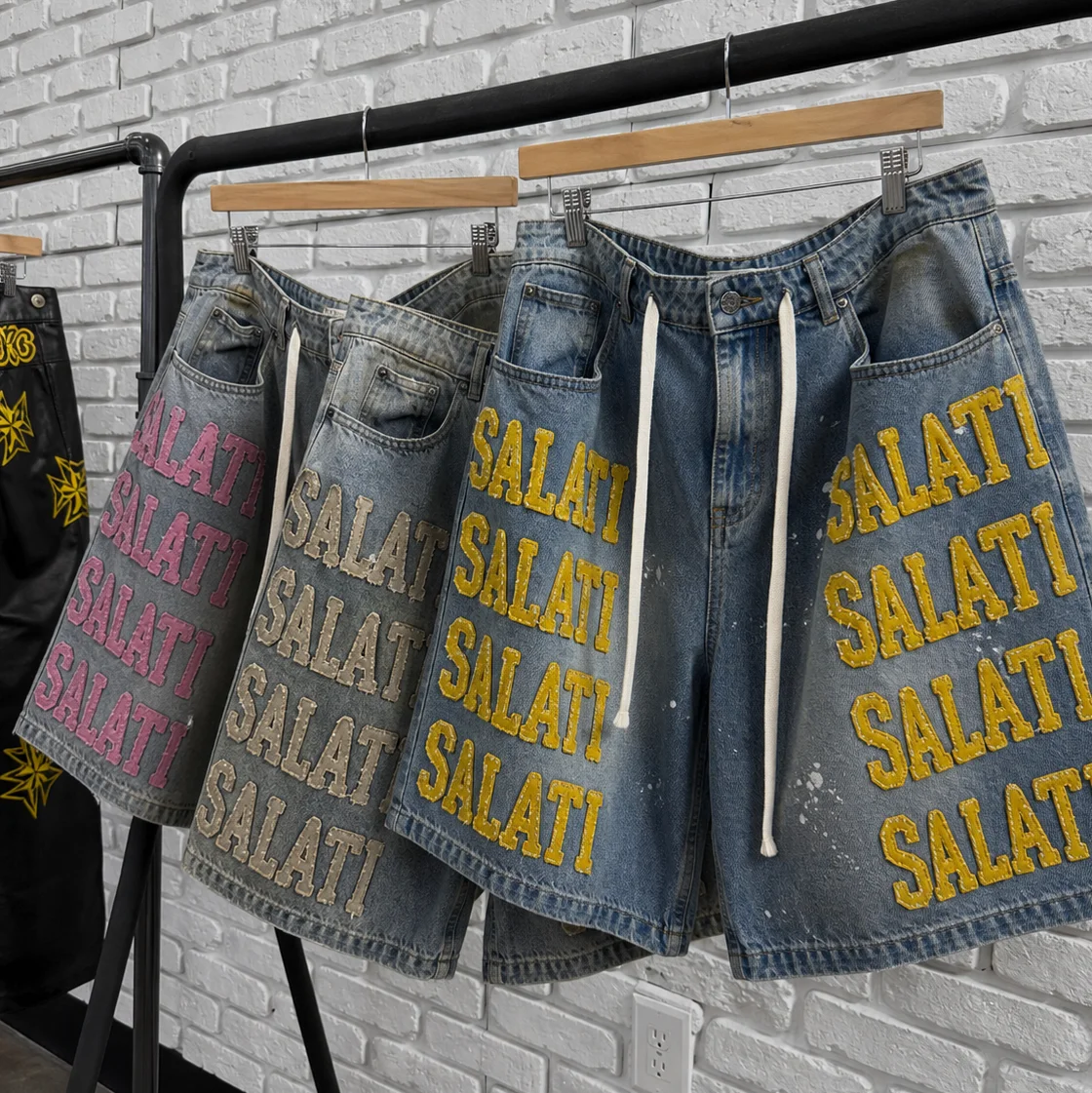 Wholesale Custom Logo Washed Baggy Wide Leg Streetwear Embroidered Letter Print Summer Cotton Casual Wear Men Denim Shorts