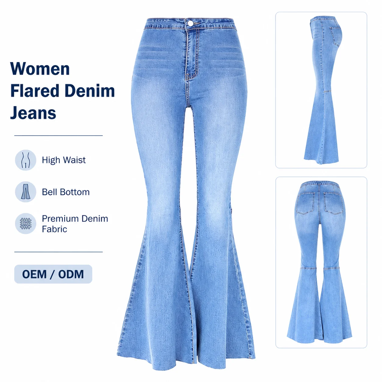 European and American Women's Retro High Waist Stretch Washed Slimming Wide Leg Flared Denim Jeans Spring Quick Dry