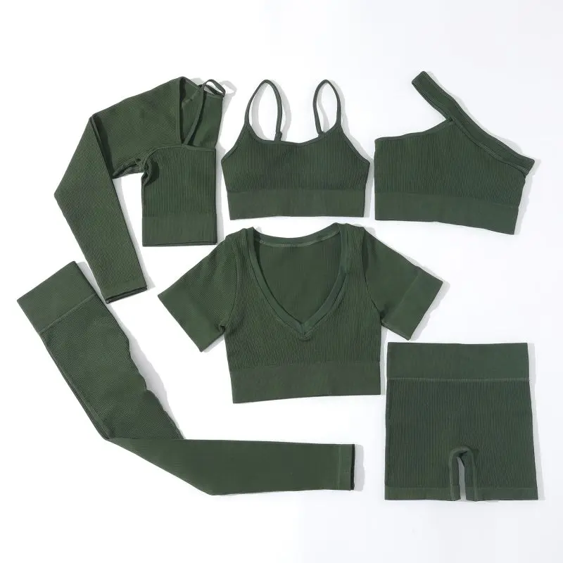 Yoga Outfit Ribbed Seamless Yoga Set Wholesale Sportswear Fitness Wear Seamless Leggings And One Shoulder Sports Bra Set