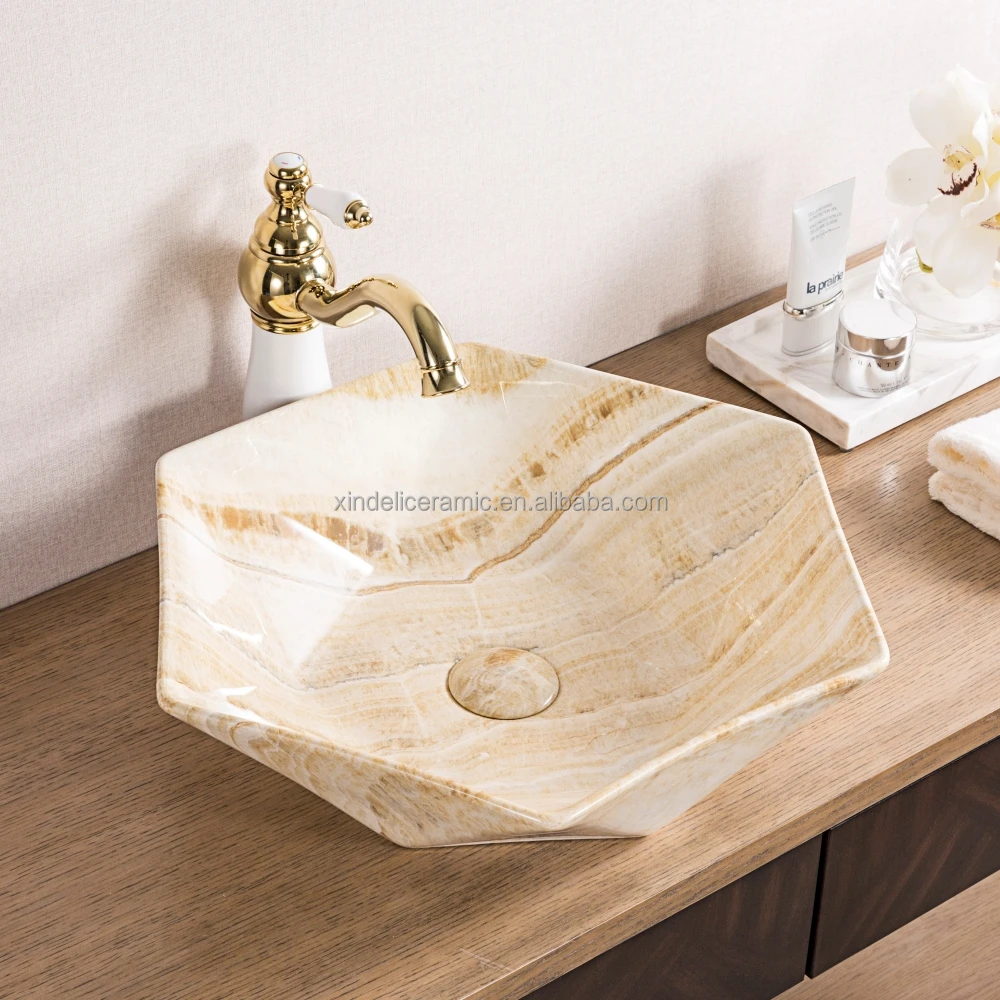 Hexagon Marble Ceramic Wash Basin Lavabo Bathroom Granite Colored Sinks