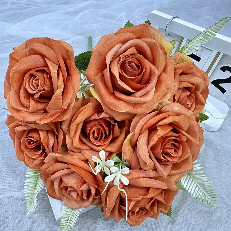 product qyy high quality new artificial flower meijiang bunch 9 large curled rose green silk cloth artificial flower-56