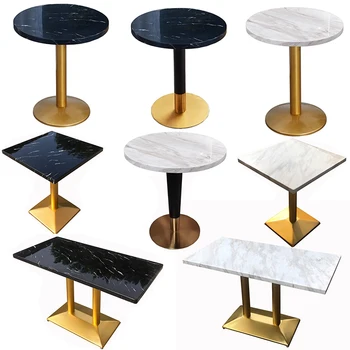 New product custom size luxury restaurant tables gold metal base square marble top cafe dining table