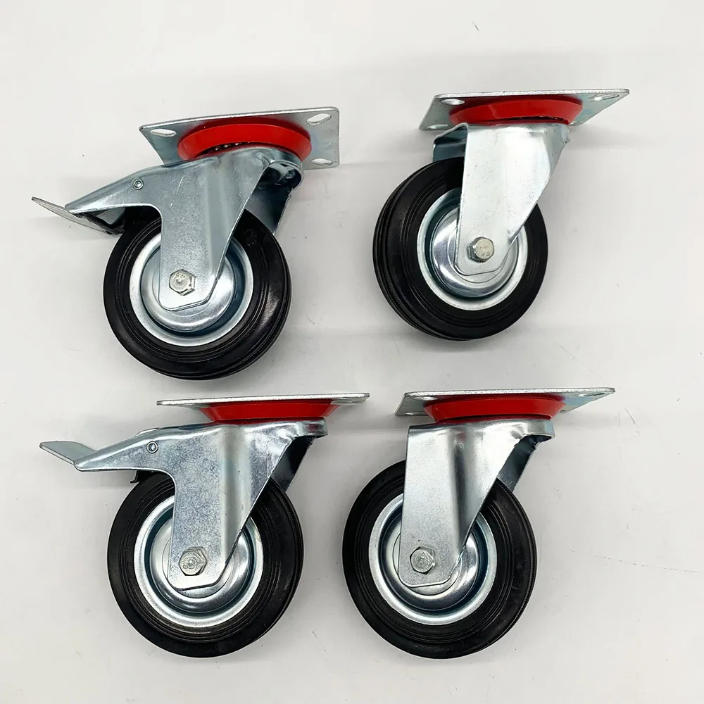 3/3.5/4/5/6/8 Inch Black Rubber Swivel Steel Core Industrial Caster Wheel With Brake for Waste Bin Trash Can