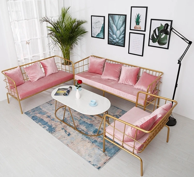 2021 Rectangular Wide Pink Livingroom Sofa With Metal Fram