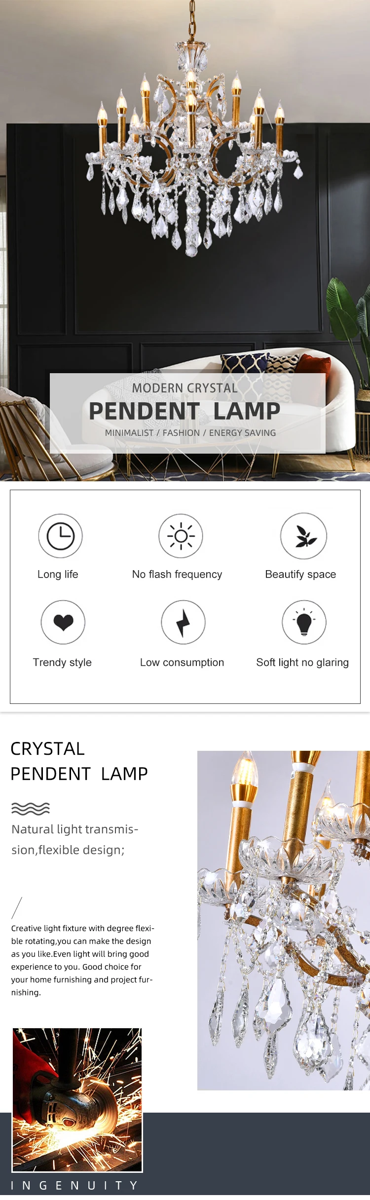 d88705 new product light luxury style hotel bar decorative iron frame crystal led chandelier  -0