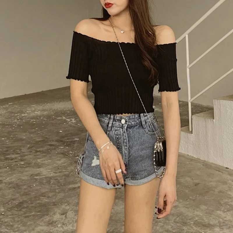Hot Sale Summer Korea Design Women's Sexy Style off Shoulder Knitwear  Fashion Solid Color Printing Lady's Causal Tops T-shirt