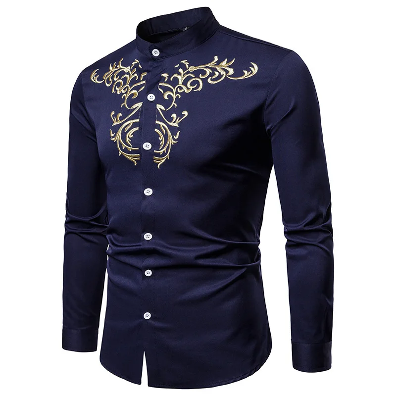 2xl Gold Flower Embroidery Shirt Men 