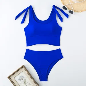 Sexy High Waist Bikini Set for Women with Cropped Top, Solid Color Two Piece Swimsuit for Beach or Pool