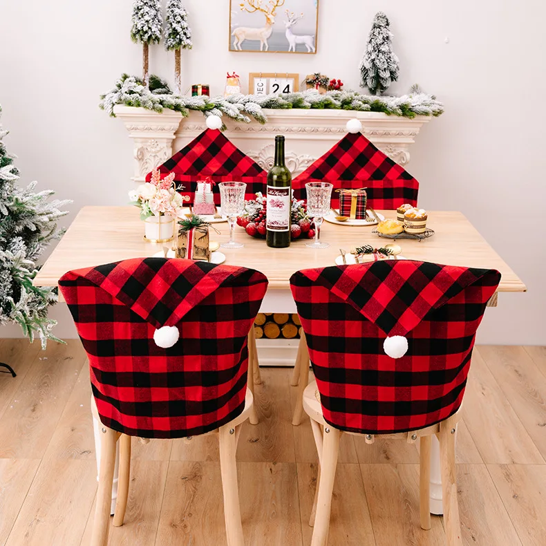 Red Black Plaid Christmas Chair Cover 2022 Santa Xmas Party Decoration for Home Hotel Table Ornament