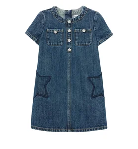 OEM & ODM Eco-Friendly Star Pattern Girls Summer Dress Heavyweight Washed Denim Pockets Knee Length New Design