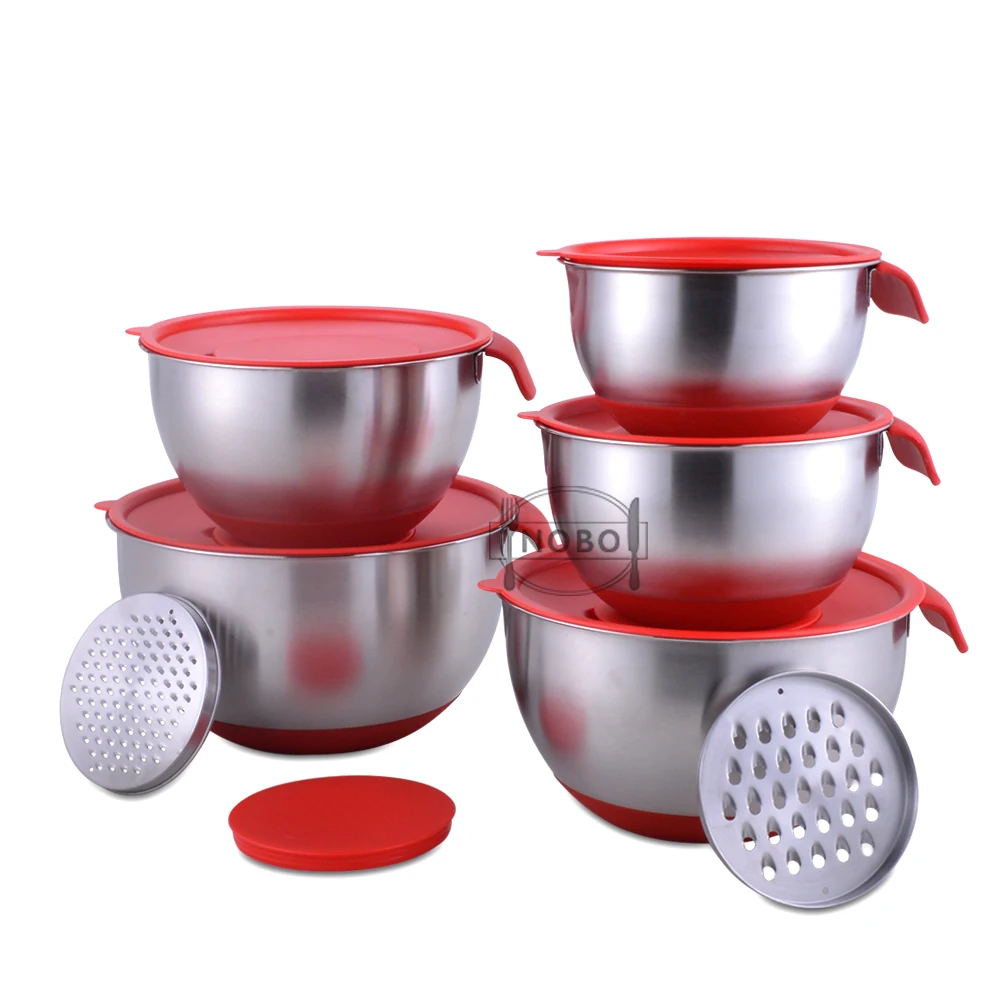 Kitchen Silicone Bottom Lid Stainless Steel Salad Mixing Bowl Set With