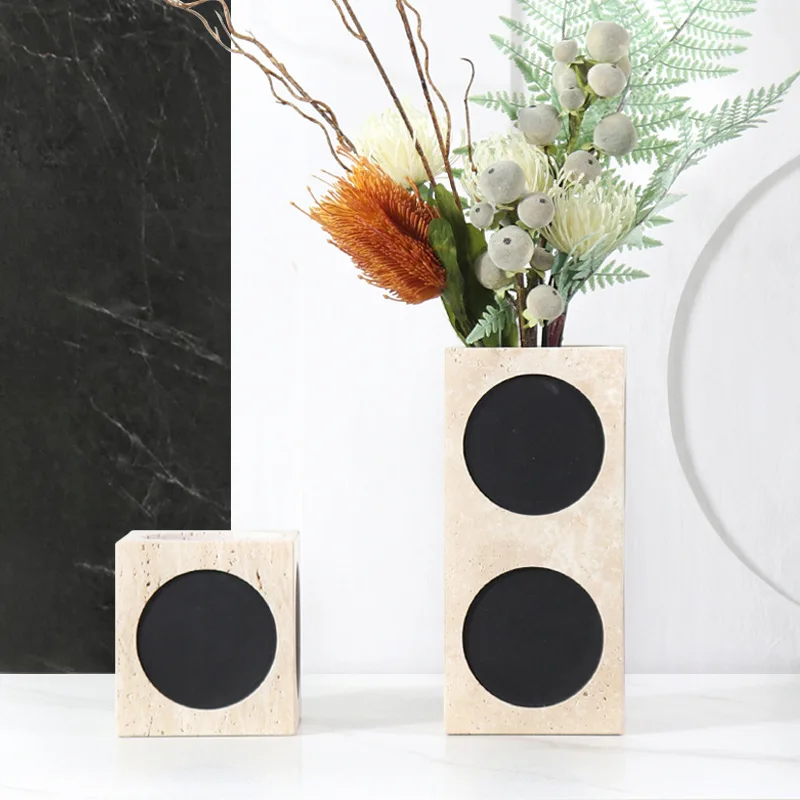 Simple Modern Creative Yellow Travertine Square Dot Vase Arrangement Art Home Marble Flower Ornament Hotel Party Decoration