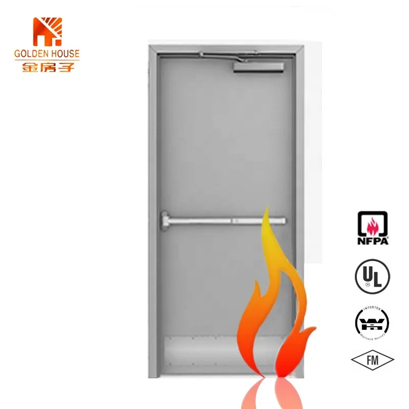 UL Approve USA Standard Fire Resistant Doors With Panic Push Bar and Glass Steel Hollow Metal Commercial Fire Door