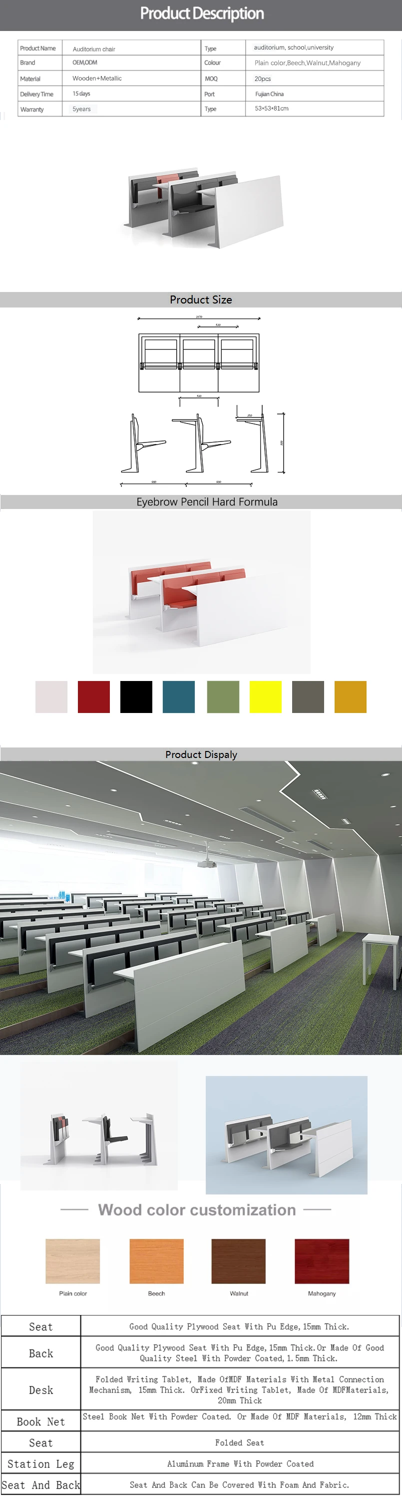 Luxury high quality auditorium school furniture student chair and desk classroom for university sets