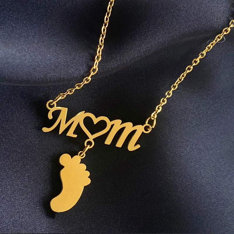 Mom Necklace Custom Baby Feet Engrave Initial Name Date Personalized