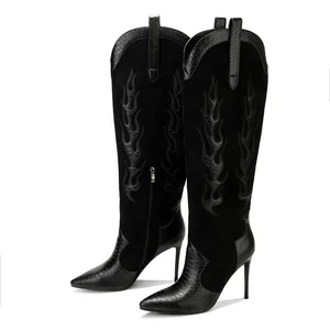 Women's Black Suede Croc Embossed Stiletto Cowboy Boots Flame Embroidery Knee-High Western Boots-for Summer and Winter