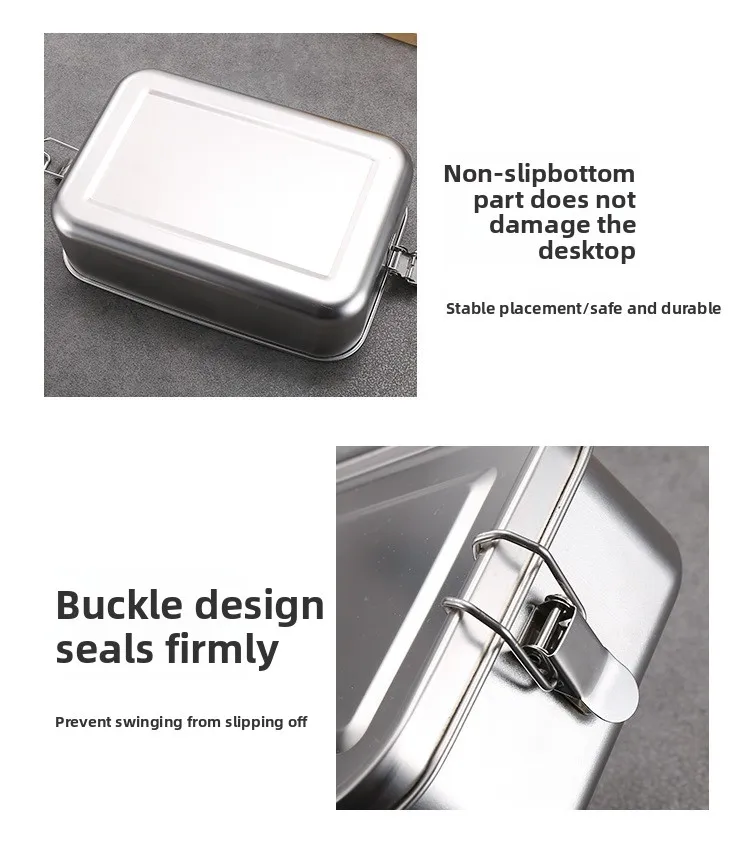 product custom thickened stainless steel lunch box single tier bento box with removable divider  double buckle lid for office students-7