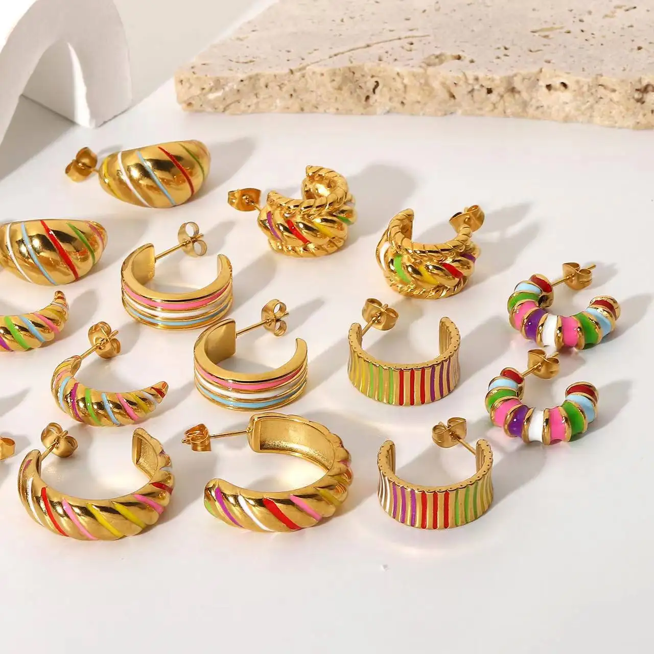 Trendy C Shape Gold Plated Enamel Hoop Earrings Wholesale - Buy Women  Rainbow Color Chunky Huggies Earrings Jewelry Stainless Steel Small Enamel  Hoop Earrings,Trendy Earring 18k Gold Plated Chain Hollow Hoop Earrings