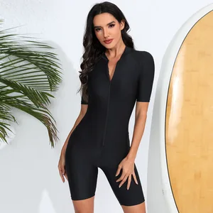 STOCK 5Colors Zipper Front Women One Piece Rash Guard Boyleg Short Bathing Suits Diving Swimsuit S-2XL