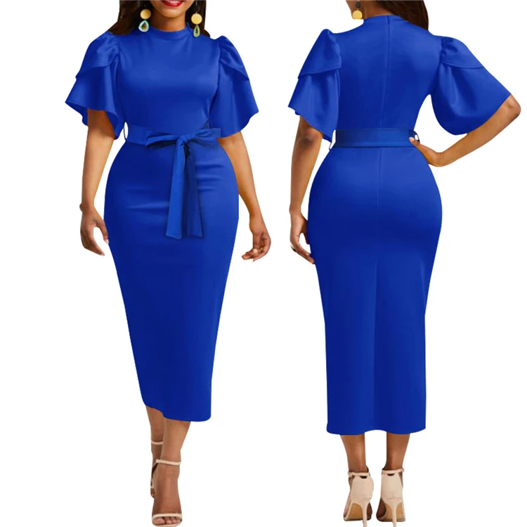 African Ladies Solid Midi Office Dresses High Quality Slim Waist Church ...