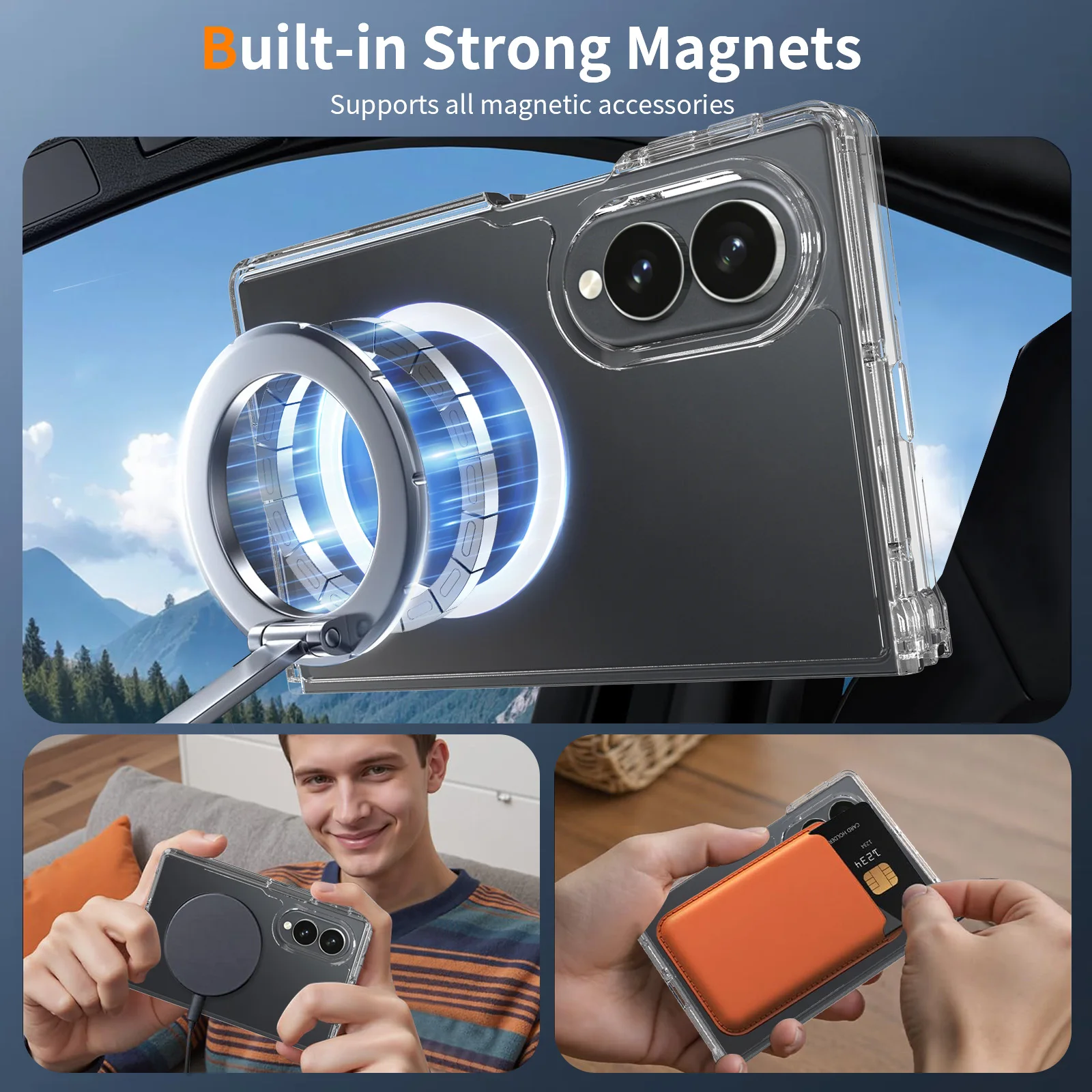 product transparent tpupc phone case for samsung fold 8 with magnetic ring wireless charge for iphone mirror finish shockproof design-7