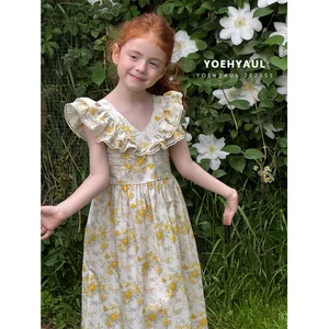 YOEHYAUL 25119 Sleeveless Summer Floral Print Girls Dress Cotton Lace V-neck Summer Dress for Baby Kids 7 Years Old