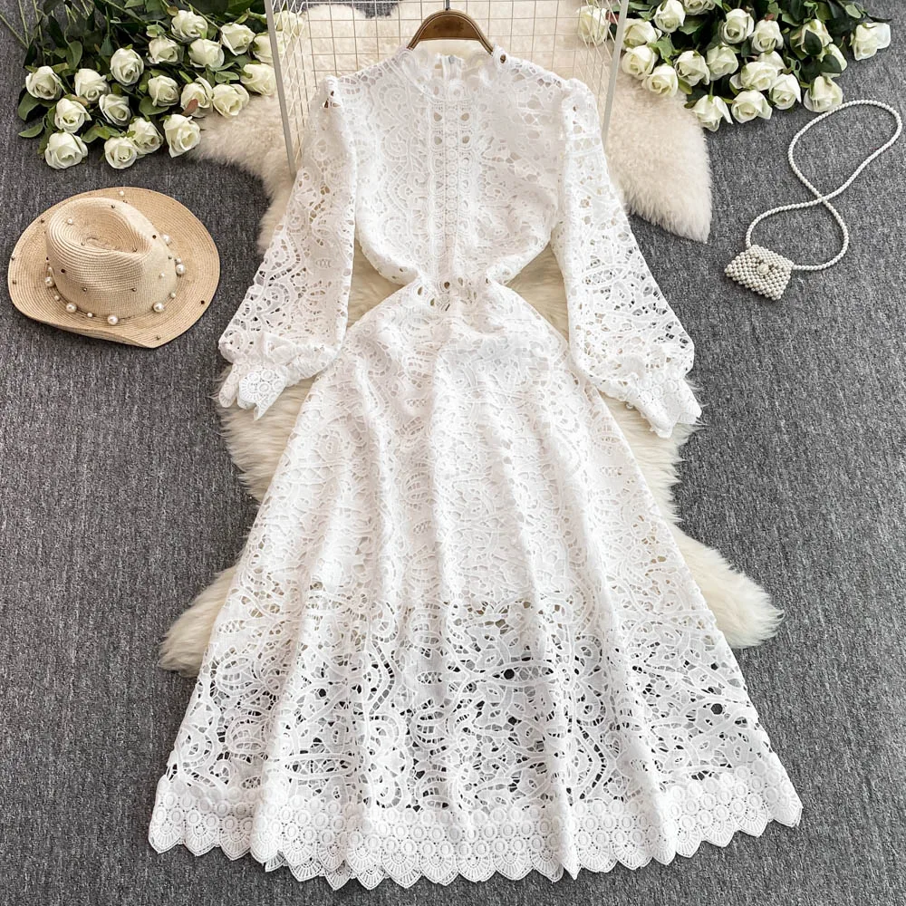 LW0295 Dinner Party Dress Female Heavy Industry Hollow Lace Slim Elegant  Long French Puffed Sleeve High-End Dress