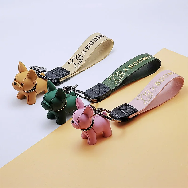 Cheap French Bulldog Keychain PU Leather Dog Keychains for Women
