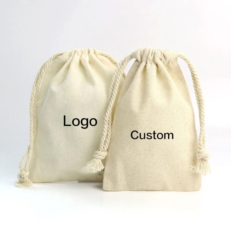 Customized Logo Color Recycled Natural Canvas Cotton Drawstring Pouch Small Double String Bag Plain White Muslin for Storage factory