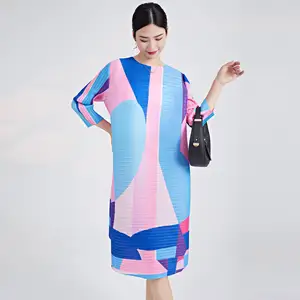Miyake High Collar Pleated Midi Dress for Women Summer Casual Loose Elastic Stretch Plus-Size Pleated Print Color Blocking