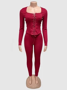 Dropshipping Wholesale New Arrivals Popular 2026 Women Clothing Long Sleeve Lace up 2 Piece Set