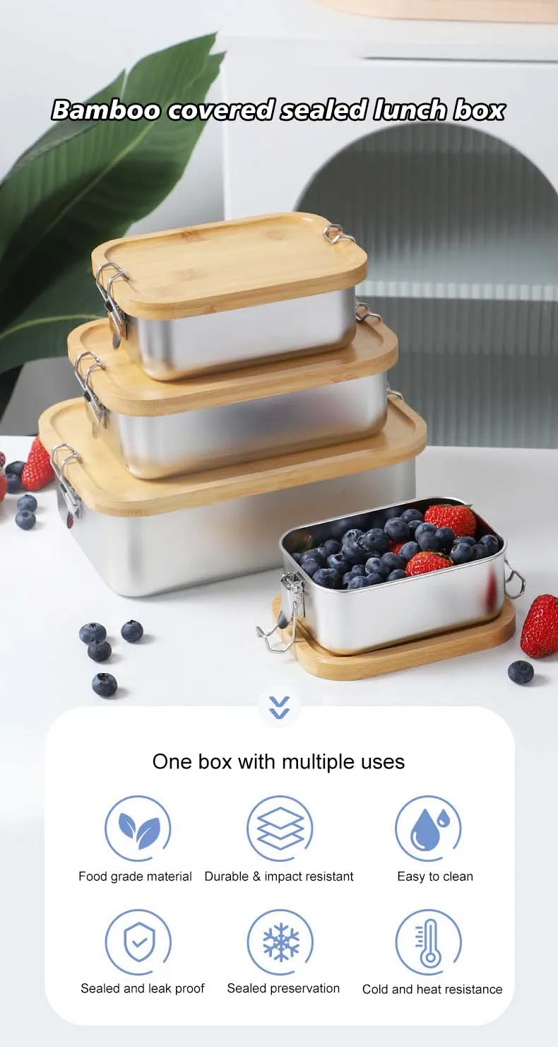 Bamboo cover leak proof lunch box stainless steel lunch box lunch box
