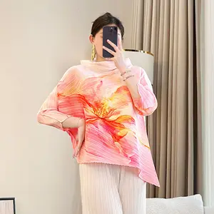 Miyake Women's Loose Lotus Top for Spring Summer New Pleated Plump Girl Large Size Belly Covering T-shirt Casual Long Design