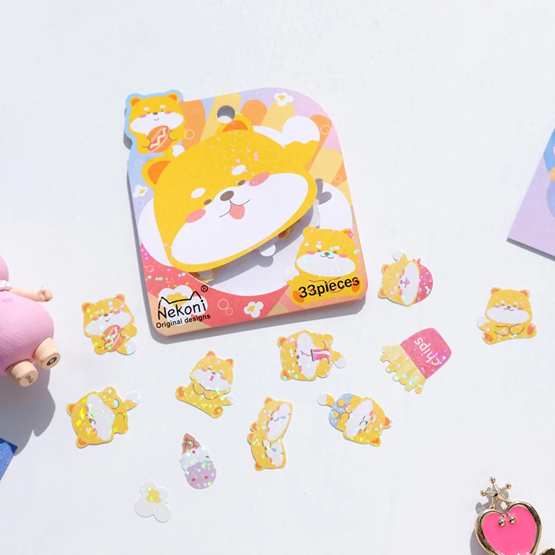 Nekoni Glitter Stickers Flake Kawaii  Laser Flake Stickers Decals Pack Cute Animal Kitty Panda Dog Pig Stickers Decals