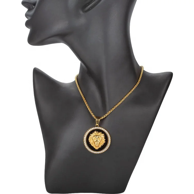 Cool Men Accessory Jewelry 18K Gold Plated Stainless Steel Black Enameled Lion Head Pendant Necklace
