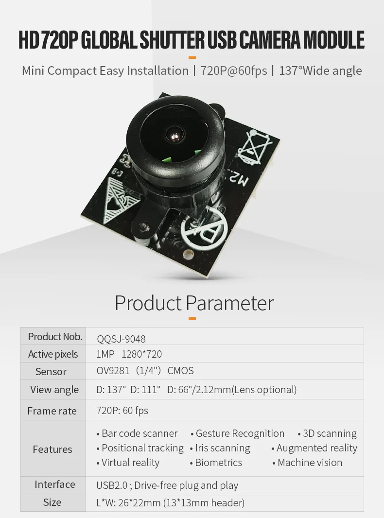 DGZX High Speed Scan OV9281 B&W Sensor Global Shutter HD 720P 60Fps UVC USB2.0 Camera Module for AI Vision插图