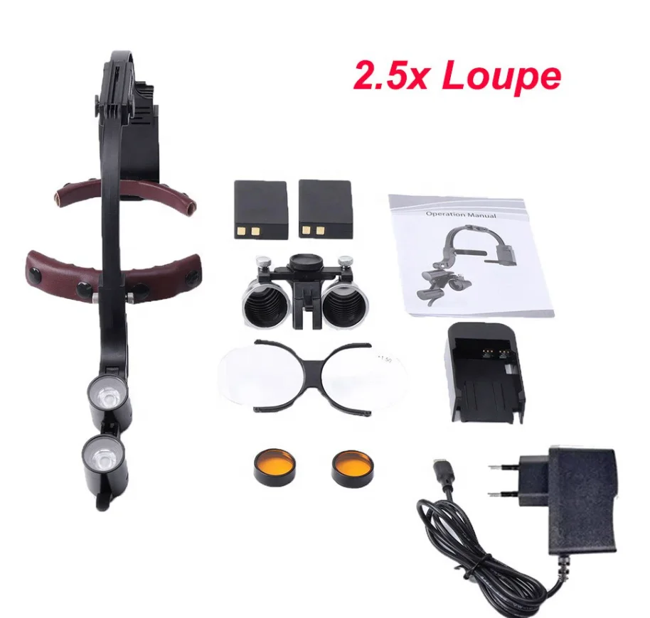 OEM 2.5X 3.5X Lampas Capitis Dentalis Plastica, Loupes Medicinales Magnificantes, Lux Capitis Chirurgica Sine Filo ab Officina Forniente