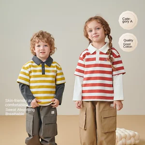 Custom Spring Autumn Boys Girls Cotton Printed Cartoon Stripes Two Fakes Long-sleeved Collar Stripe T Shirt Clothes for Kids