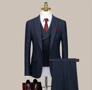 2026 New Men's 50% Wool Navy Blue 3 Pieces Slim Groom Business Peaked Lapel High Quality Single Breasted Suit Set for Men