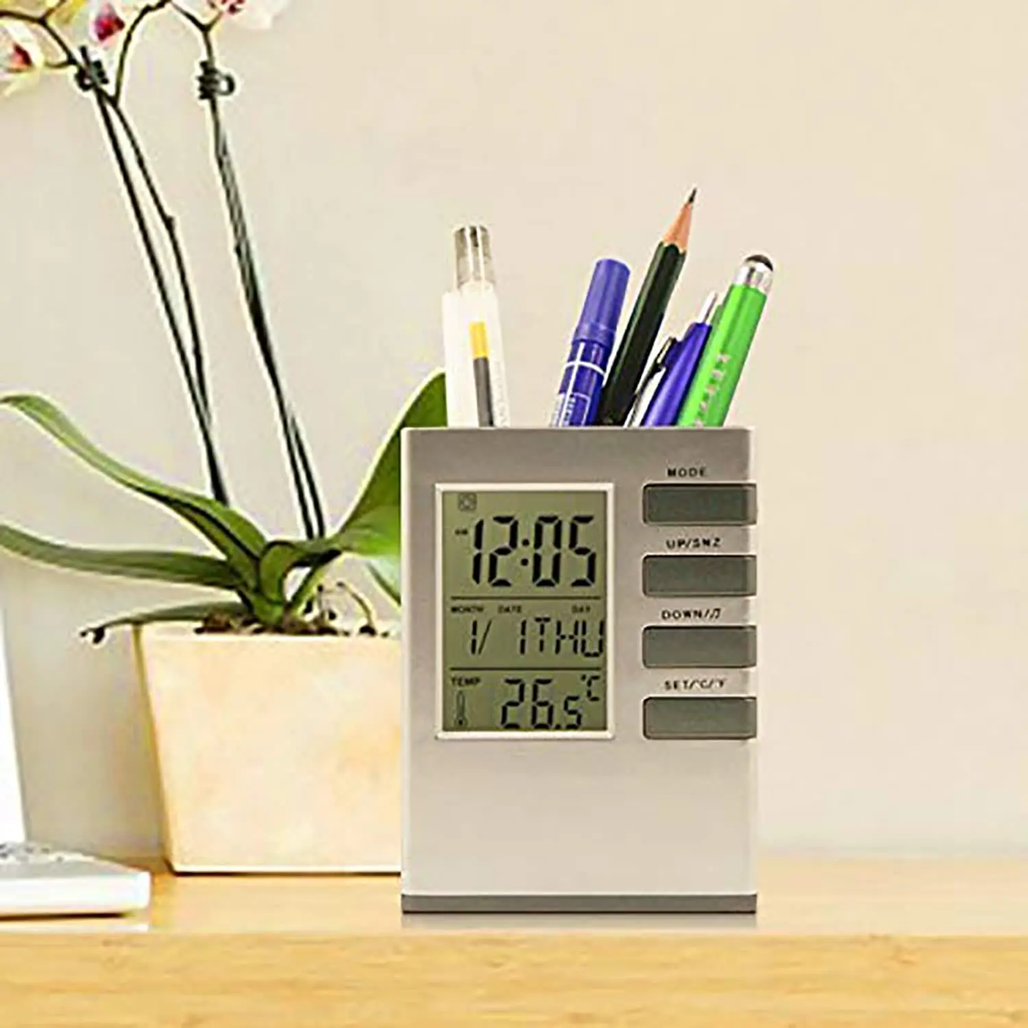 Promotional Gift Office Supplies Pencil Holder Desktop Storage Box Pen Pot Desk Alarm Clock