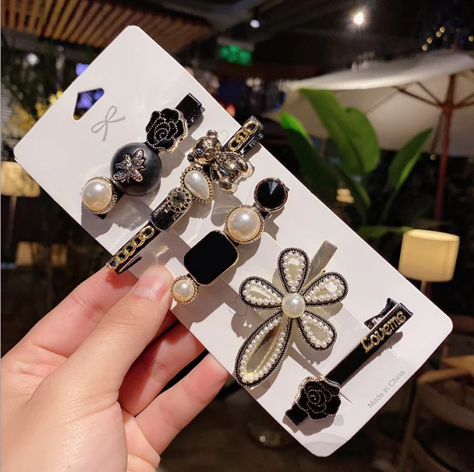 South Korea Dongdaemun 6pcs/set Temperament Side Clip Wild Net Red Pearl Bow Knot Broken Hair Black Bear Hairpin