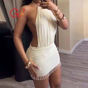 GX1246 Fashion 2026 Women Summer Clothing Boutique Halter Sleeveless Sexy Backless Party Mini Dress Elegant Pearl Tassel Dresses