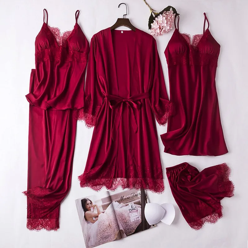 Women 5PCS Chemise Bride Wedding Robe Nightgown Sleepwear Kimono Bathrobe Lingerie Sexy Full Slip Lace White Silk Pajamas Set