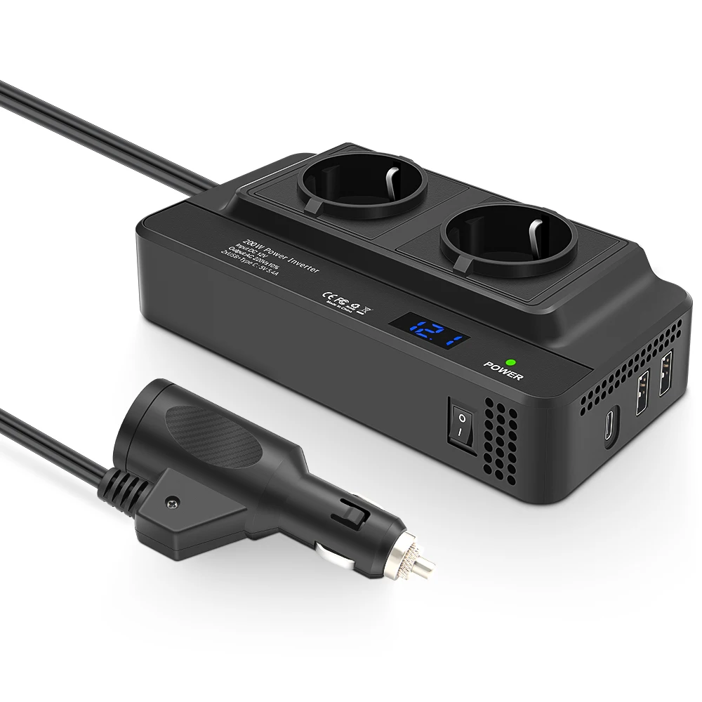Universal Sockets 2 AC Outlet 2USB Port 1 Type-C QC3.0 Port Modified Sine Wave 200W DC 12V to AC 220V Germany Car Power Inverter